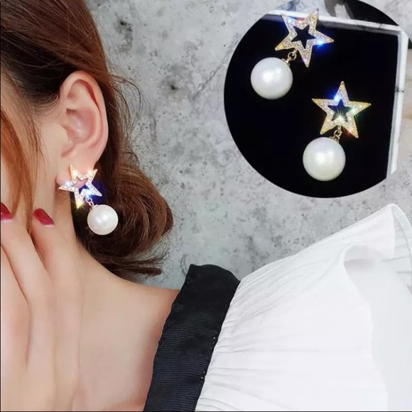 *LUXURY* PEARL STUD STAR DROP EARRINGS - Picture 3 of 3